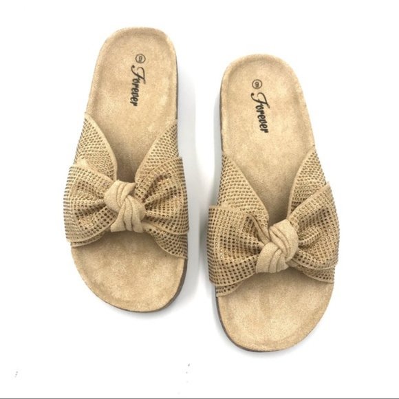 Embellished Bow Cork Slides in Beige - Picture 3 of 8